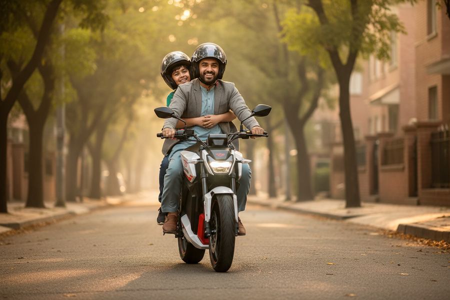 A father and his son riding together